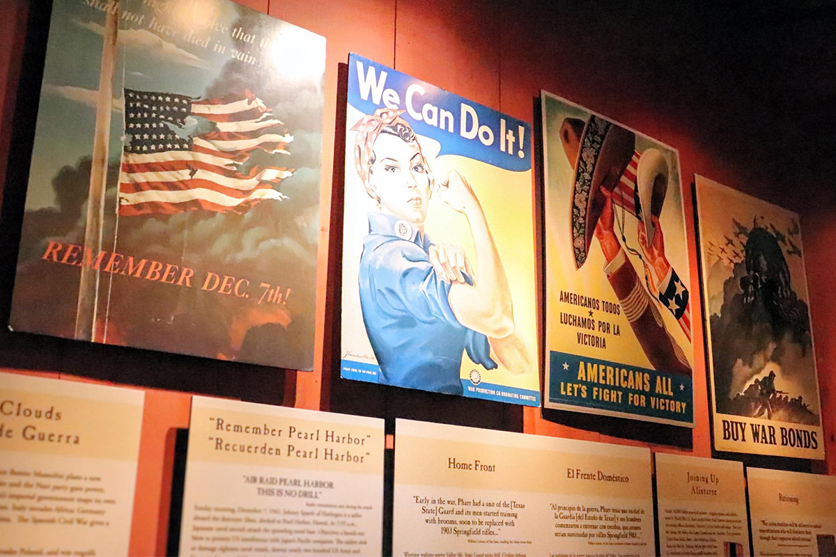 Posters shown at the Museum of South Texas History in Edinburg Texas, fueled wartime unity and action, they rallied American men and women. Photo by Daniela Martinez Salazar